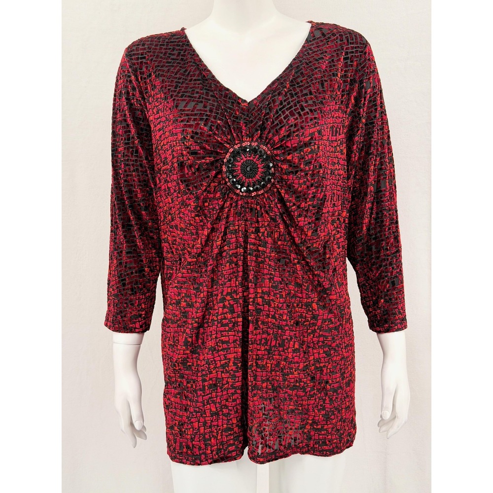 Roz & Ali‎ Top Womens 2X Red Black Velvet Burnout Embellished Sheer Mosaic Artsy